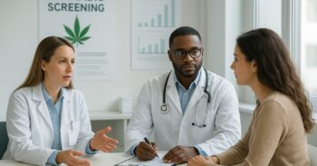 Läkare och patient diskuterar cannabis i en klinik