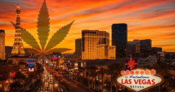 Las Vegas Strip med diskret cannabismotiv i förgrunden