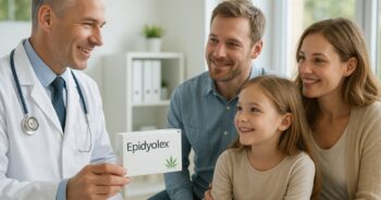 Familj och läkare diskuterar Epidyolex i en ljus svensk vårdmiljö