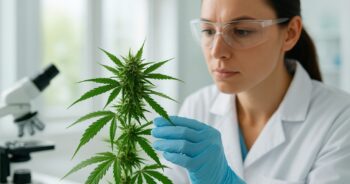 Forskare undersöker cannabisplanta i laboratorium