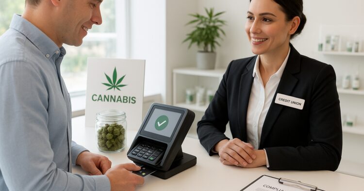 Modern cannabisbutik med säkra digitala betalningar och compliance-fokus