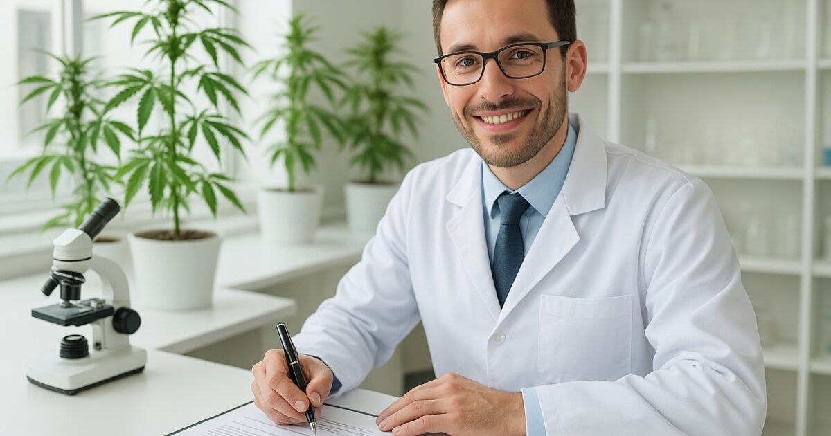 Forskare och medicinsk cannabis i laboratorium