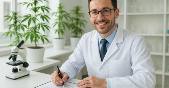 Forskare och medicinsk cannabis i laboratorium