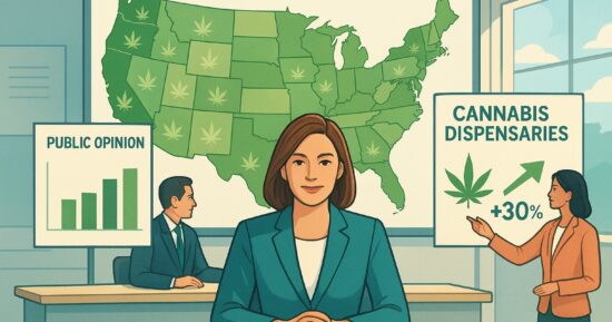 Grafik med USA-karta, stöd för legal cannabis och dispensaries
