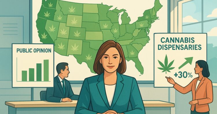 Grafik med USA-karta, stöd för legal cannabis och dispensaries