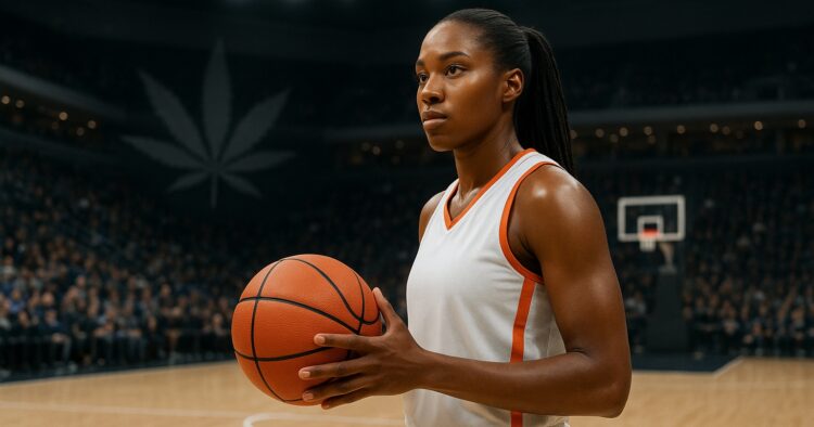 WNBA-spelare i arena med diskret cannabisreferens