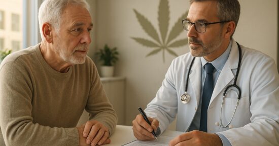 Äldre person samtalar med läkare i klinikmiljö