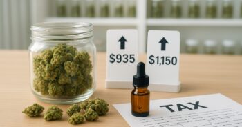Laglig cannabis, prisetiketter och skattedokument i en ljus och modern butiksmiljö.