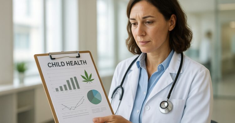 Forskare granskar data om CBD och autism i en ljus klinikmiljö