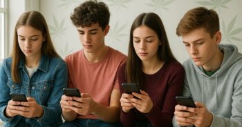 Tonåringar med mobiltelefoner och en diskret cannabisreferens i bakgrunden