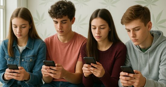 Tonåringar med mobiltelefoner och en diskret cannabisreferens i bakgrunden