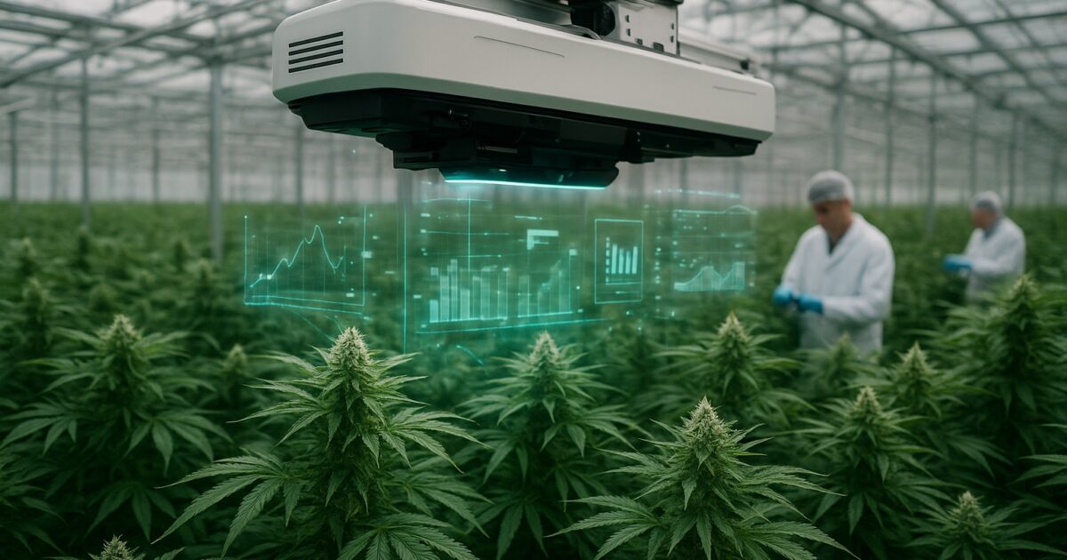 Robot skannar cannabisplantor i ett modernt växthus