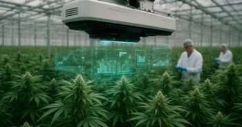 Robot skannar cannabisplantor i ett modernt växthus