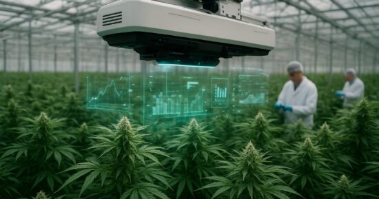 Robot skannar cannabisplantor i ett modernt växthus