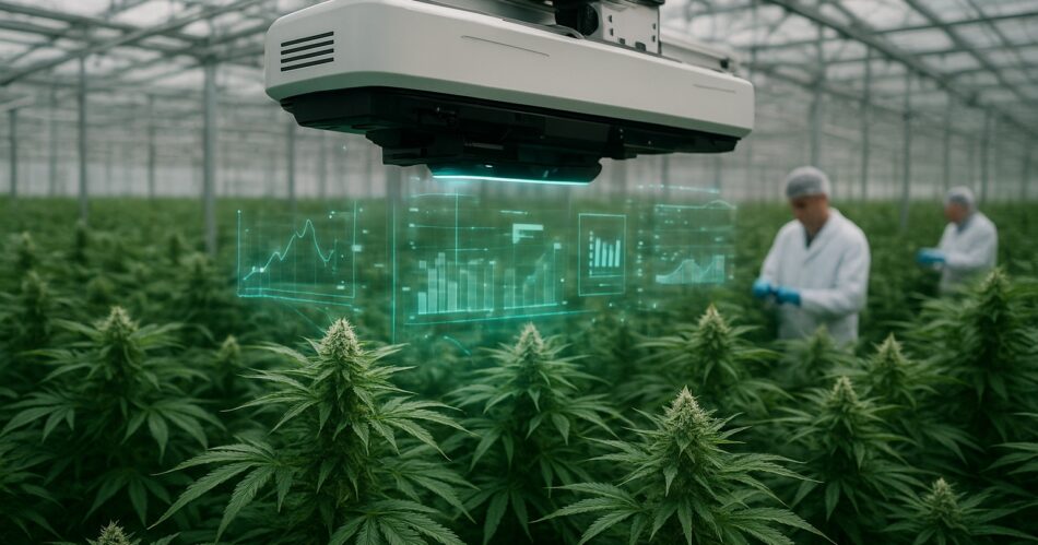 Robot skannar cannabisplantor i ett modernt växthus