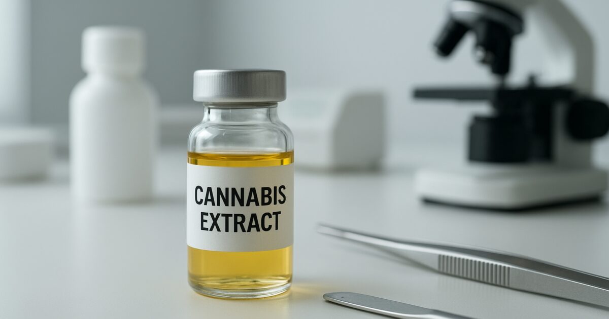 Cannabisextrakt i apoteksmiljö med modern medicinsk utrustning