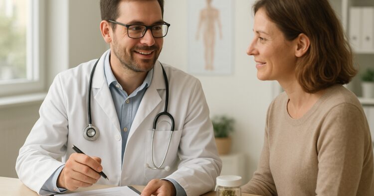 Läkare och patient diskuterar medicinsk cannabis i en klinik