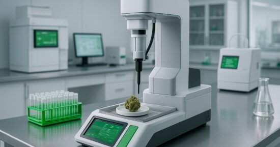 Robot i laboratorium testar cannabisblommor för pesticider