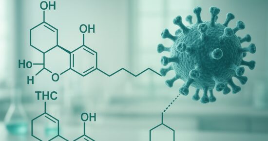 Cannabinoidmolekyler i en laboratoriemiljö med virusprotein i fokus.