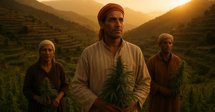 Berberbönder i Rifbergen med cannabisodling i kvällsljus