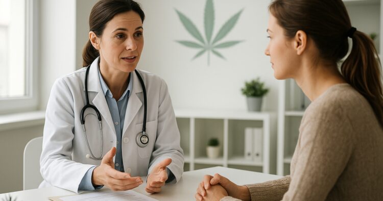 Läkare och patient i en ljus klinik med fokus på medicinsk cannabis