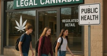 Colorado-ungdomar och en reglerad cannabisbutik i en ljus stadsmiljö