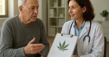 Läkare och patient diskuterar medicinsk cannabis vid Parkinsons sjukdom