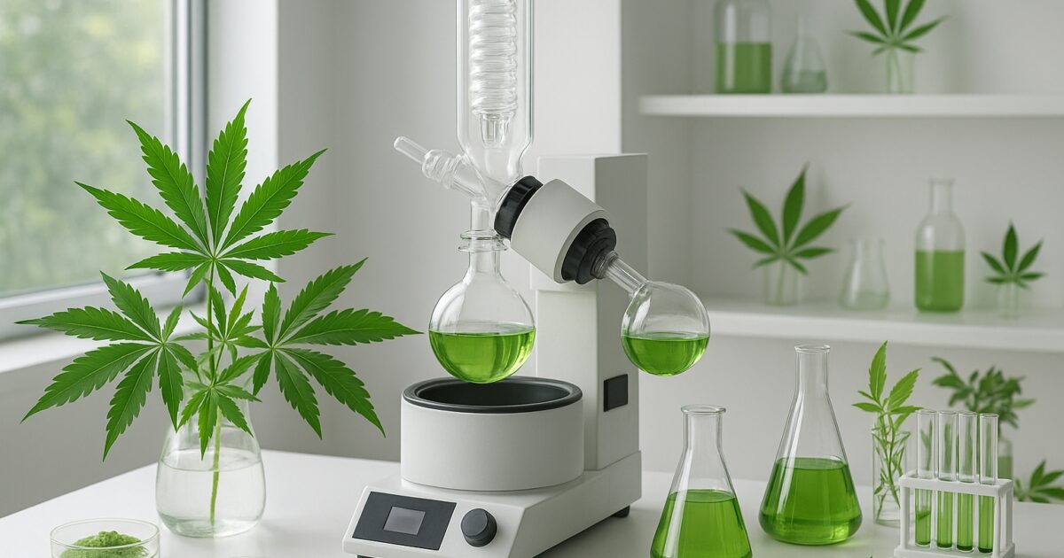Laboratorium med cannabisblad och extraktionsutrustning