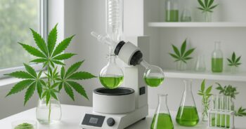 Laboratorium med cannabisblad och extraktionsutrustning