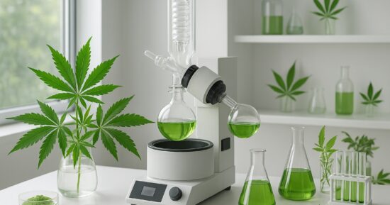 Laboratorium med cannabisblad och extraktionsutrustning