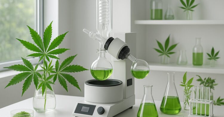 Laboratorium med cannabisblad och extraktionsutrustning