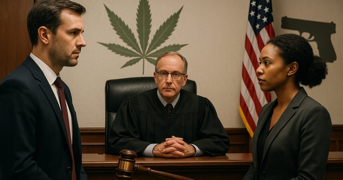 Domstolsscen med cannabisblad, domarklubba och vapen-symbolik i USA