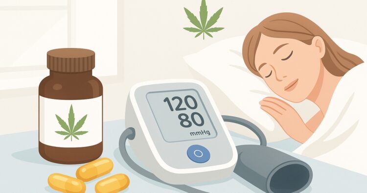 CBD-kapslar och blodtrycksmätare i en lugn medicinsk illustration