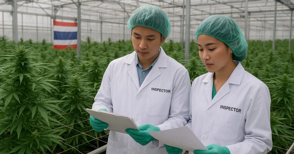 Inspektörer granskar en licensierad cannabisodling i Thailand.