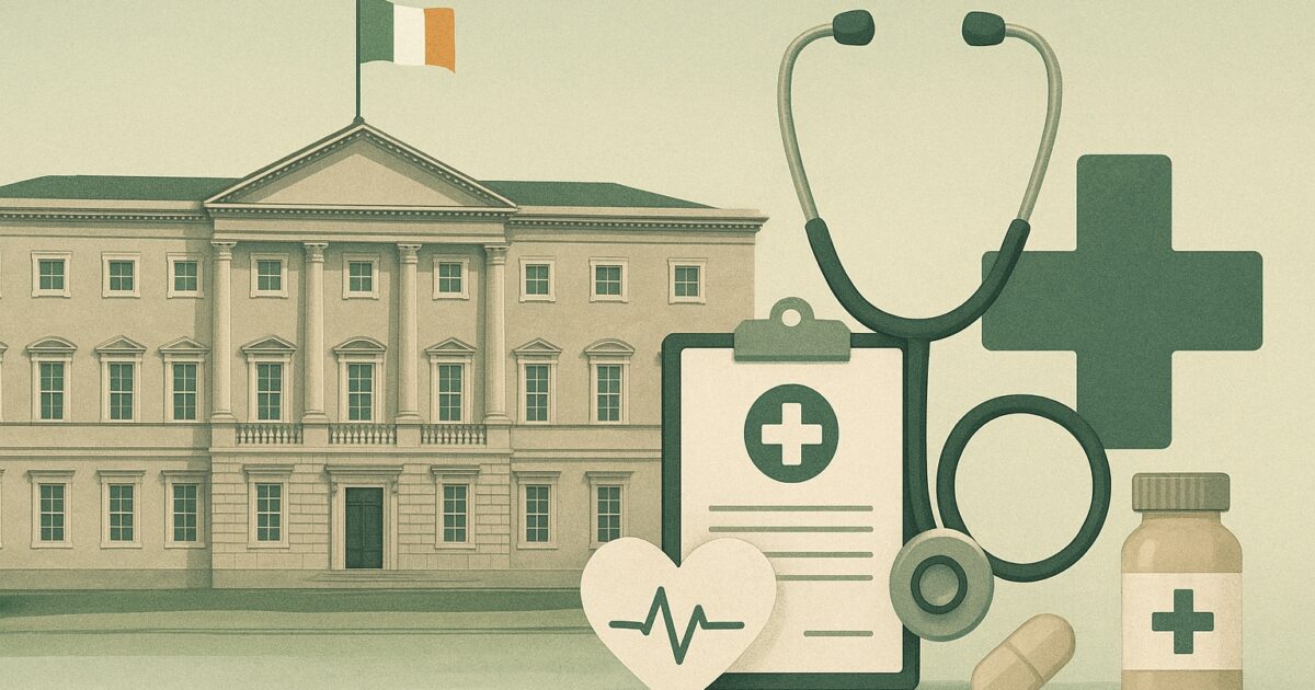 Irlands parlament och vårdsymboler i en hälsoledd drogpolitisk illustration