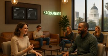 Moderne cannabissalong i Sacramento med en avslappet og lovlig atmosfære.