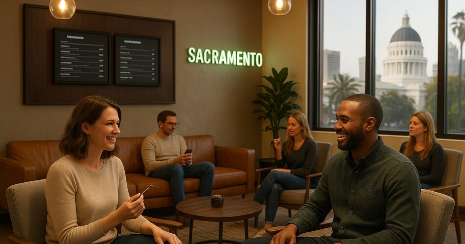 Modern cannabislounge i Sacramento med avslappnad och laglig atmosfär.