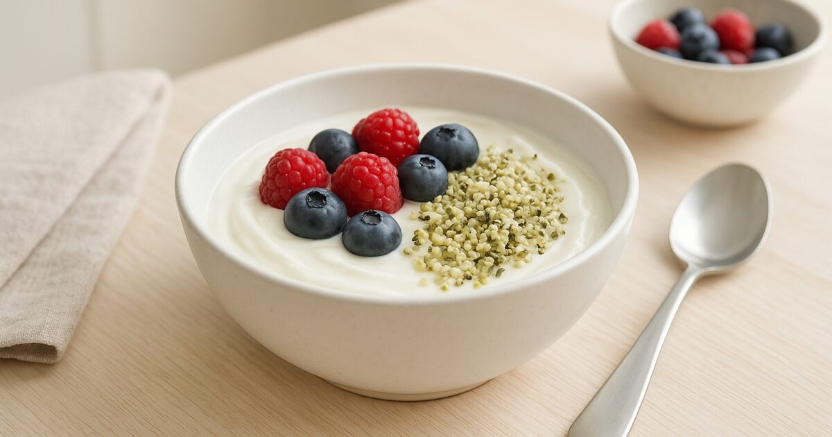 Hampafrön i en skål med yoghurt och bär