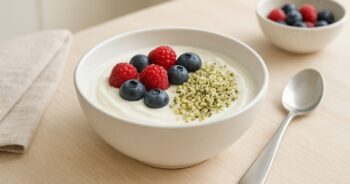 Hampefrø i en skål med yoghurt og bær