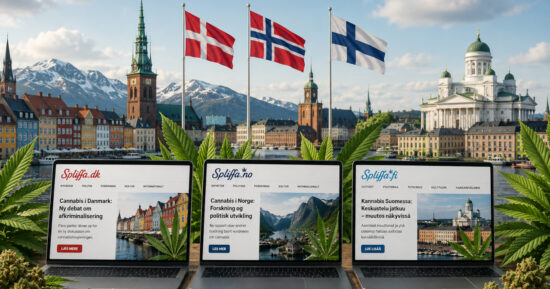 Flaggor och laptops med nyhetssajter för Danmark, Norge och Finland