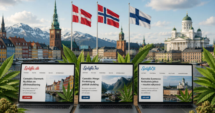 Flag og bærbare computere med nyhedssider for Danmark, Norge og Finland