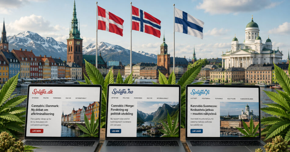 Flag og bærbare computere med nyhedssider for Danmark, Norge og Finland