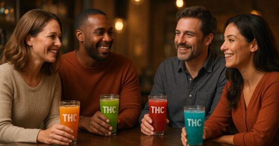 Vuxna som umgås med THC-drycker på ett bord