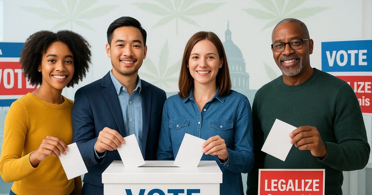 Amerikanske velgere og en stemmeseddel med cannabisspørsmål i fokus.