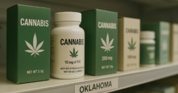 Cannabispakker på en butikkhylle i Oklahoma under vurdering.