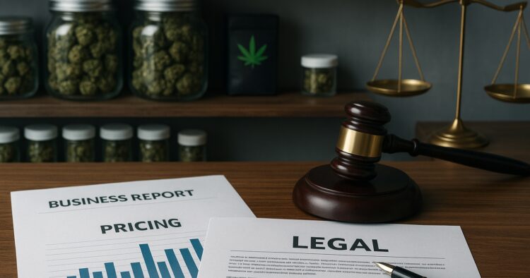 Cannabisbutik och juridiska dokument i en bild om prisstämning i Ohio