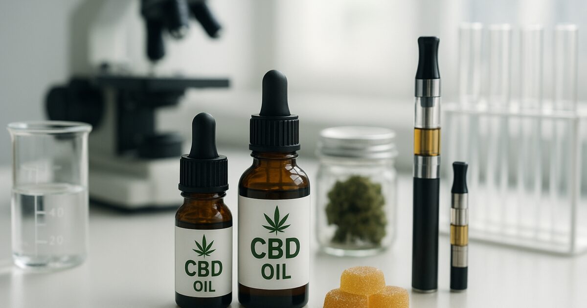 CBD-produkter og laboratorieutstyr på et bord