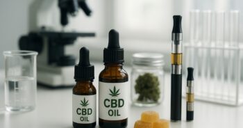 CBD-produkter og laboratorieutstyr på et bord
