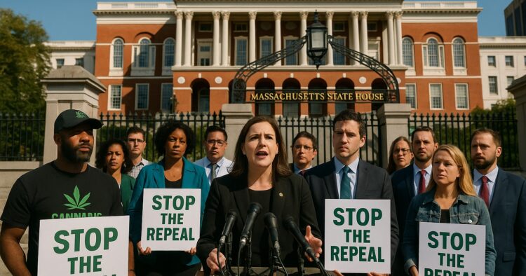 Koalitionen forsvarer Massachusetts cannabismarked uden for State House i Boston.