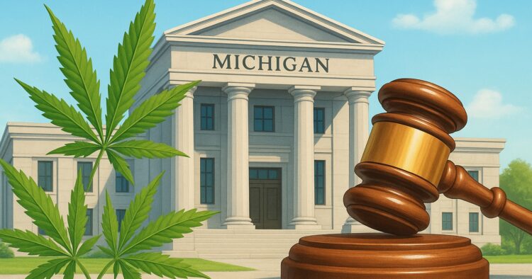 Domstol och cannabisblad som symboliserar Michigans nya dom om skyddstillsyn.